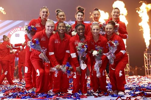 The women representing Team USA pose following the Women's competition of the 2021 US Gymnastics Olympic Trials at America’s Center on June 27, 2021 in St Louis, Missouri. (Photo by Jamie Squire/Getty Images)