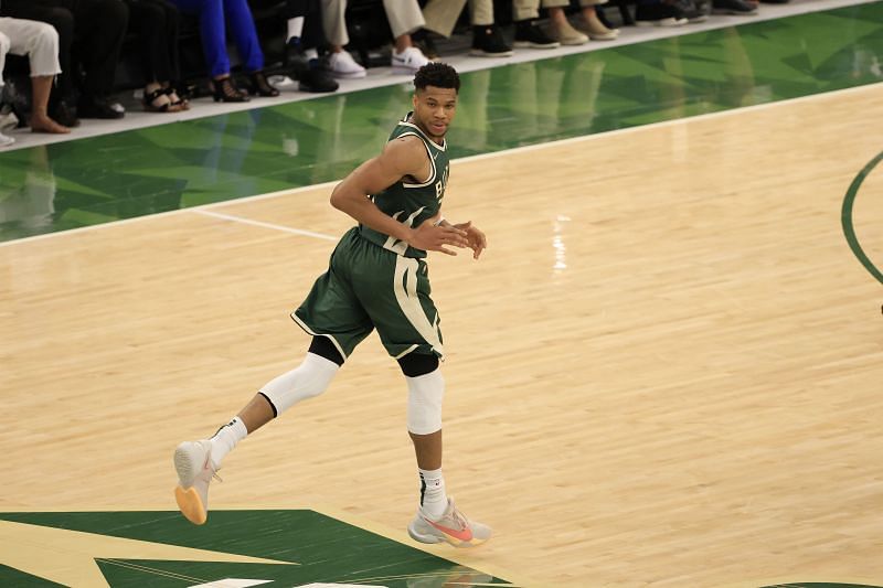 Bucks&#039; Giannis Antetokounmpo in action during the 2021 NBA Finals - Game Three