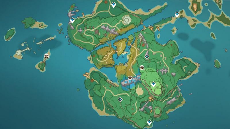 Ruin Sentinel locations on Yashiori Island (image via Genshin Impact Interactive World Map)