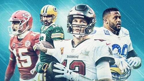 Four of the league's biggest stars, Patrick Mahomes, Aaron Rodgers, Tom Brady, and Aaron Donald, in a preview of the 2021 NFL season.