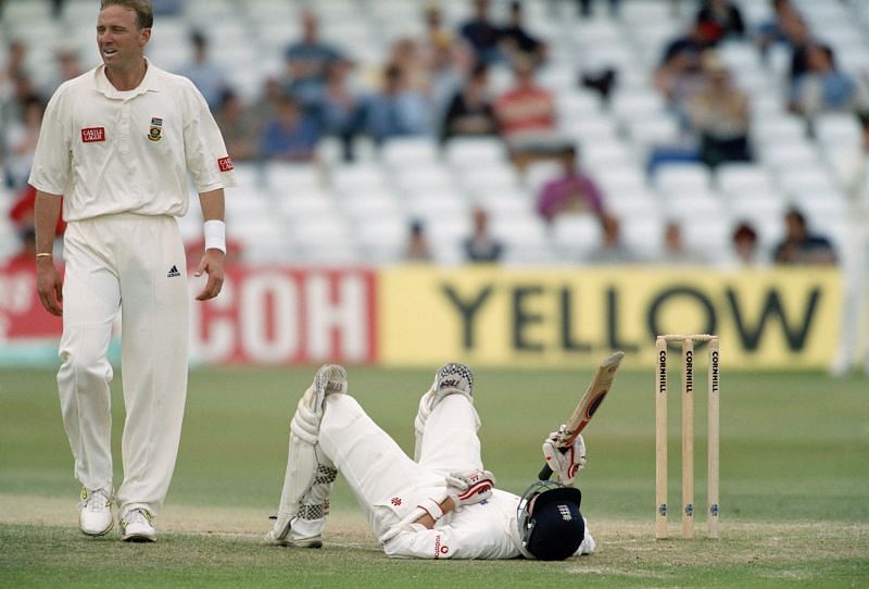 Allan Donald (left) floored England batsman Mike Atherton with a bouncer in the 1998 Trent Bridge Test. Pic: Getty Images