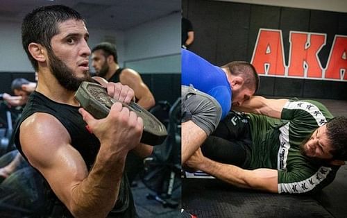 Islam Makhachev (left); Khabib Nurmagomedov wrestling with Islam Makhachev (right) (*Images courtesy: Islam Makhachev Instagram)