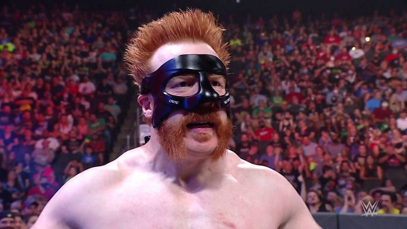 Sheamus sporting the protective metal mask for his broken nose...