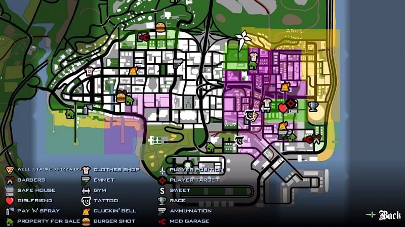 Gang territories, as they appear in GTA San Andreas (Image via GTA Wiki)