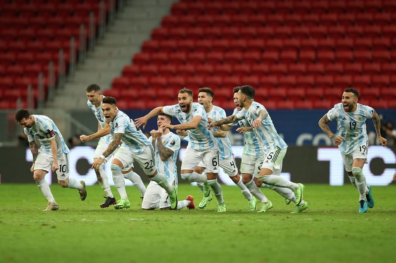 Argentina players celebrate after defeating Colombia in the Copa America 2021 semifinal
