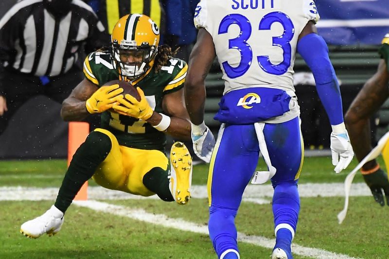 &lt;a href=&#039;https://www.sportskeeda.com/nfl/davante-adams&#039; target=&#039;_blank&#039; rel=&#039;noopener noreferrer&#039;&gt;Davante Adams&lt;/a&gt; catching a TD against the Los Angeles Rams in the divisional round of the 2020 playoffs. The Packers defeated LA, 32-18, on route to their second straight NFC Championship game. (credit: LA Times)