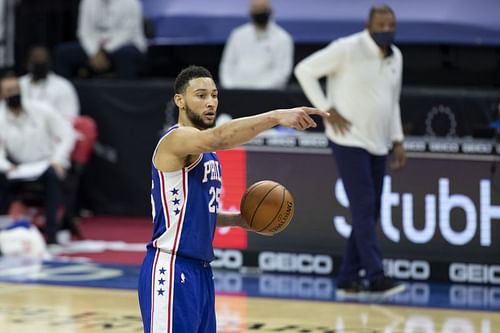 Ben Simmons #25 reacts during a game against the Miami Heat