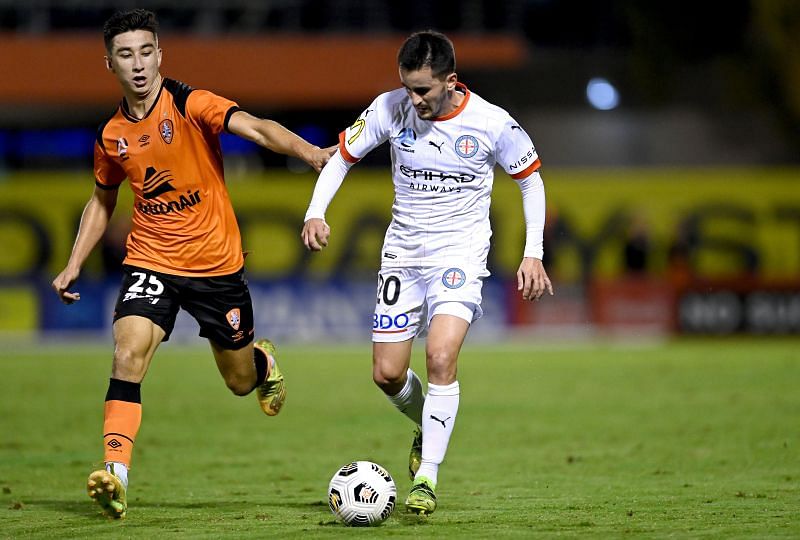 Adrian Luna of Melbourne City breaks away from the defence during the A-League match between the Brisbane Roar and Melbourne City at Moreton Daily Stadium (Photo by Bradley Kanaris/Getty Images)