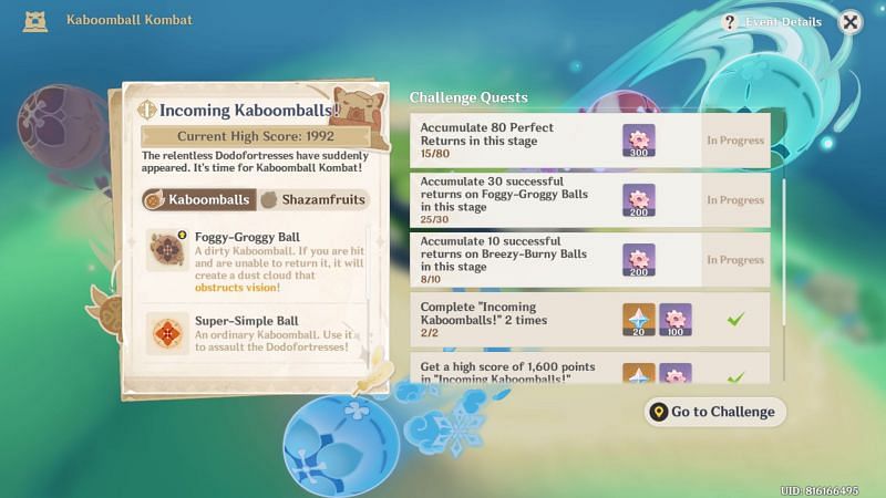 Kaboomball Kombat Chapter I challenges (image via Genshin Impact)