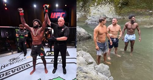 Aljamain Sterling (left) with Al Iaquinta and Merab Dvalishvili in Georgia (right) [Image Courtesy: @merab.dvalishvili on Instagram]