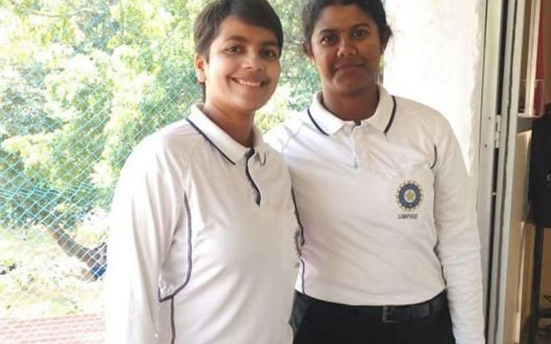 Janani Narayanan (R) made her on-field umpiring debut in the TNPL