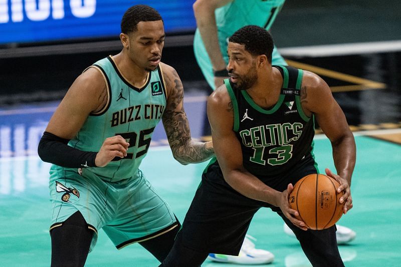 &lt;a href=&#039;https://www.sportskeeda.com/player/tristan-thompson&#039; target=&#039;_blank&#039; rel=&#039;noopener noreferrer&#039;&gt;Tristan Thompson&lt;/a&gt; #13 of the Boston Celtics is guarded by P.J. Washington #25 of the Charlotte Hornets