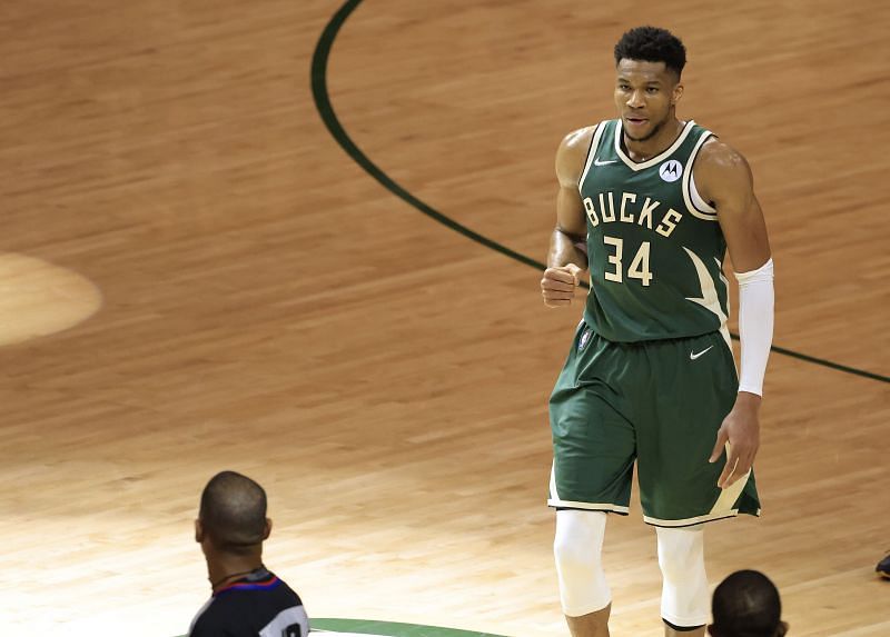 Giannis Antetokounmpo #34 celebrates during the second half in Game 3.