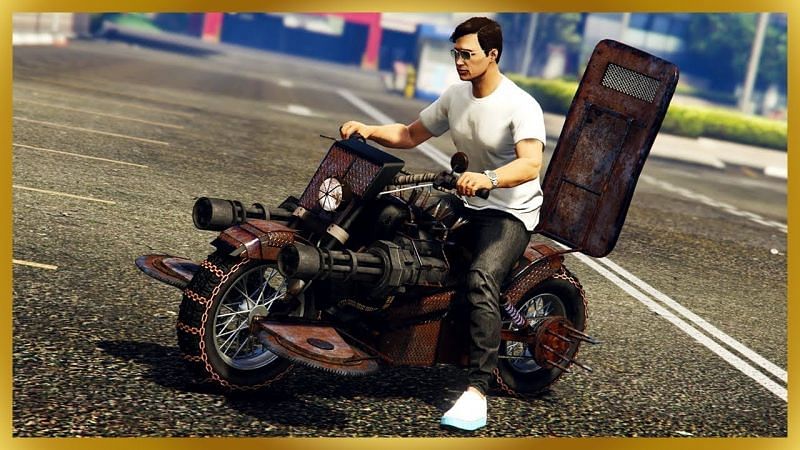 A modified Deathbike with dual miniguns, saw blades, and a riot shield (Image via Adviser, YouTube)