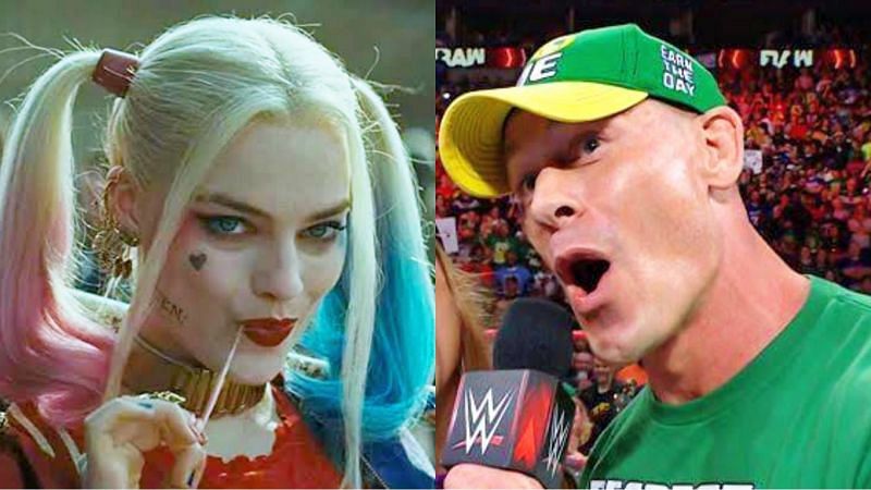 Margot Robbie as DC Entertainment&#039;s Harley Quinn (left) and John Cena in WWE (right)