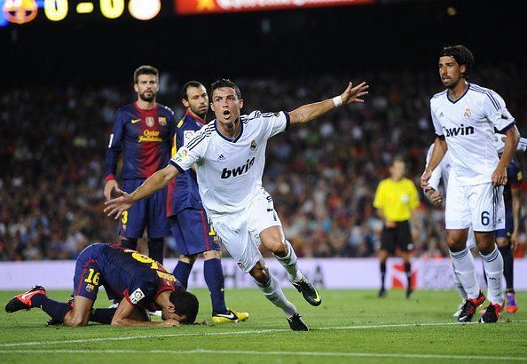 Cristiano Ronaldo exults after scoring at the Camp Nou.