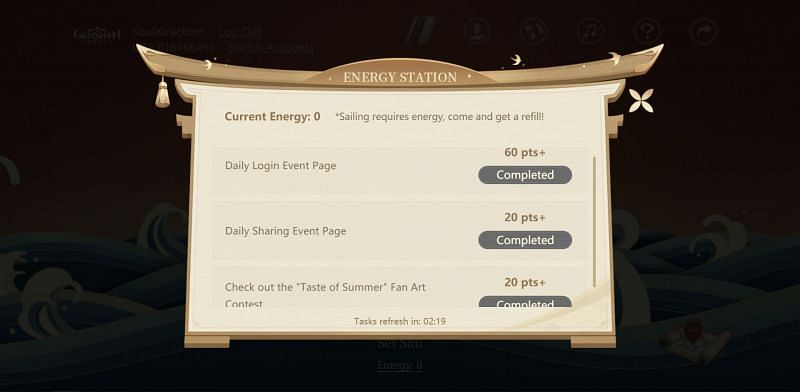 Mysterious Voyage Day 1 daily tasks (image via miHoYo)