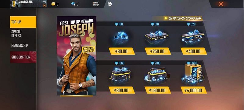 The diamond top-up screen in Free Fire