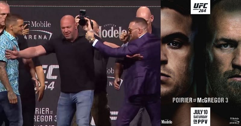 Conor McGregor and Dustin Poirier face-off at the UFC 264 press conference (left); The official poster for UFC 264 (right) [Image Courtesy: UFC on YouTube and Twitter]