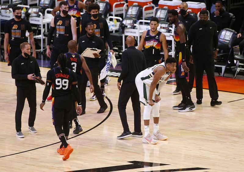 A dejected Giannis Antetokounmpo #34 looks on against the Suns.