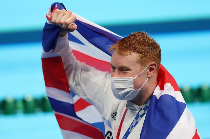 Tom Dean of Team Great Britain celebrates after winning the gold medal in the Men&#039;s 200m Freestyle Final on day four of the Tokyo 2020 Olympic Games