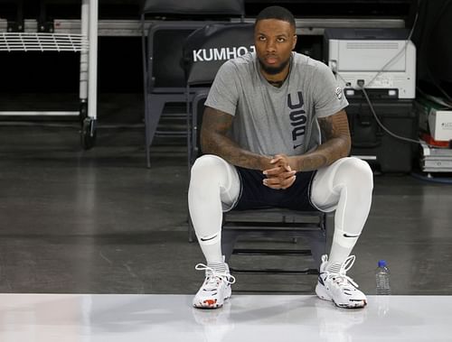 Damian Lillard #6 of the United States looks on.