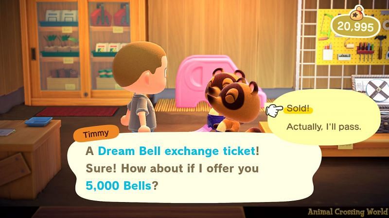 A player selling a Dream Bell Exchange Ticket to Timmy and Tommy Nook (Image via Animal Crossing World)