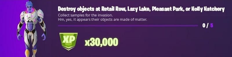 &quot;Destroy objects at Retail Row, Lazy Lake, or Holly Hatchery&quot; (Image via ThePlatiumAgent/Twitter)