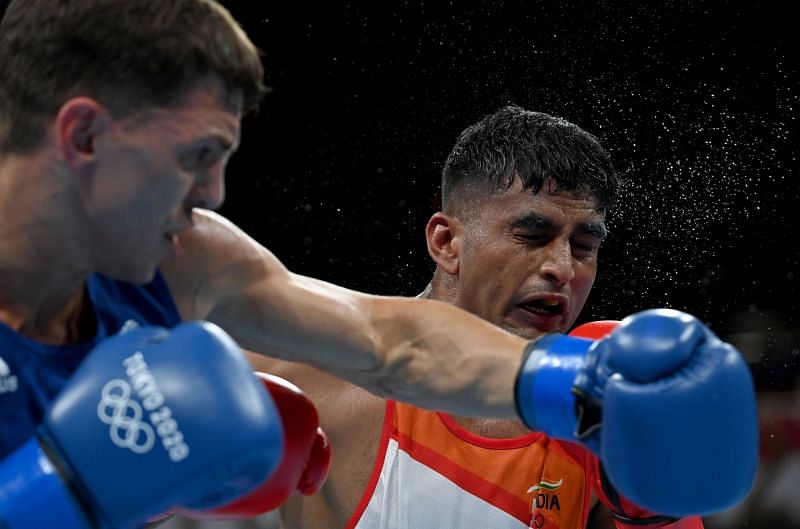 Manish Kaushik (in red) in action at Olympics 2021 on Sunday