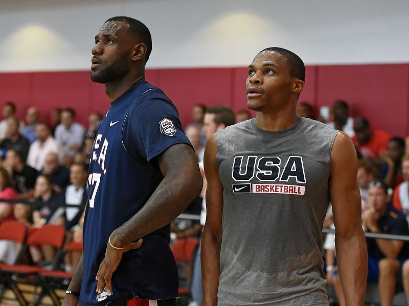 Russell Westbrook (with LeBron James) at the USA Basketball Men&#039;s National Team Training Camp in 2015