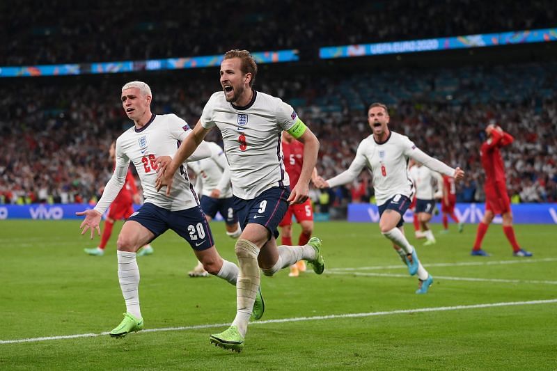 England players jubilate after beating Denmark to reach the UEFA Euro 2020 final