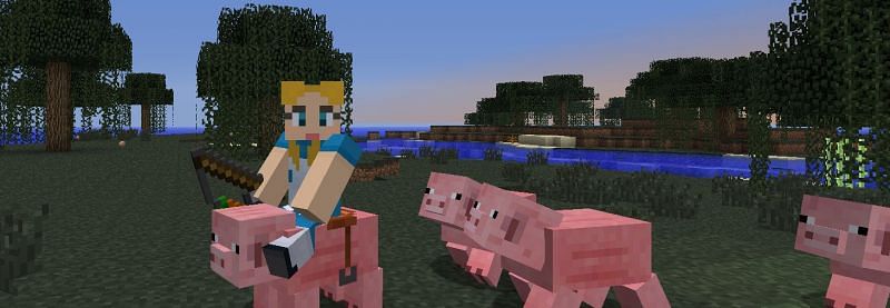 A Minecraft player wielding their battle pig army (Image via wordpuncher.com)