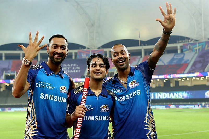 Ishan Kishan alongside the Pandya brothers celebrating MI&#039;s fifth title win.