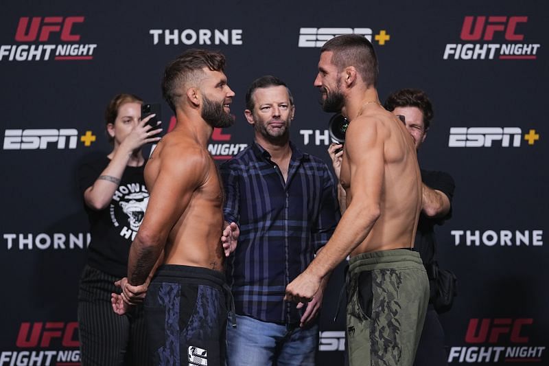 Jeremy Stephens (left) and Mateusz Gamrot (right) at the UFC Vegas 31 Weigh-in