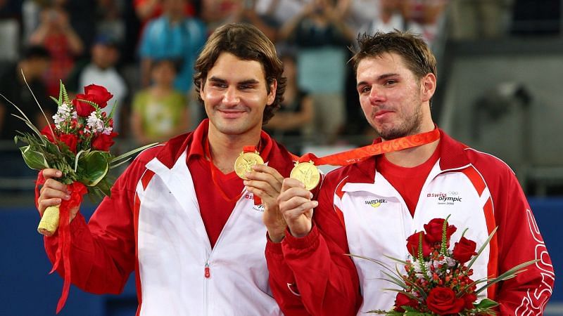 Roger Federer (left) and Stan Wawrinka at the 2008 Beijing Olympics