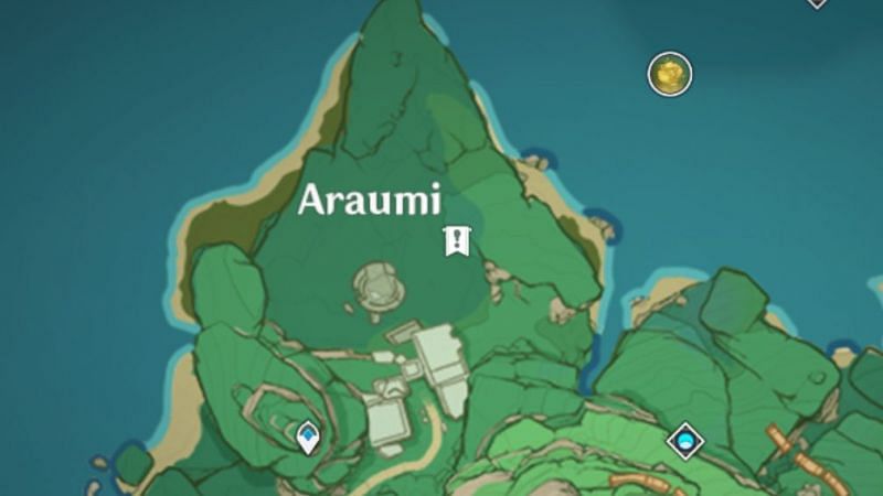 Map location for the old stone slate by the stairs in Araumi Ruins (image via Genshin Impact)