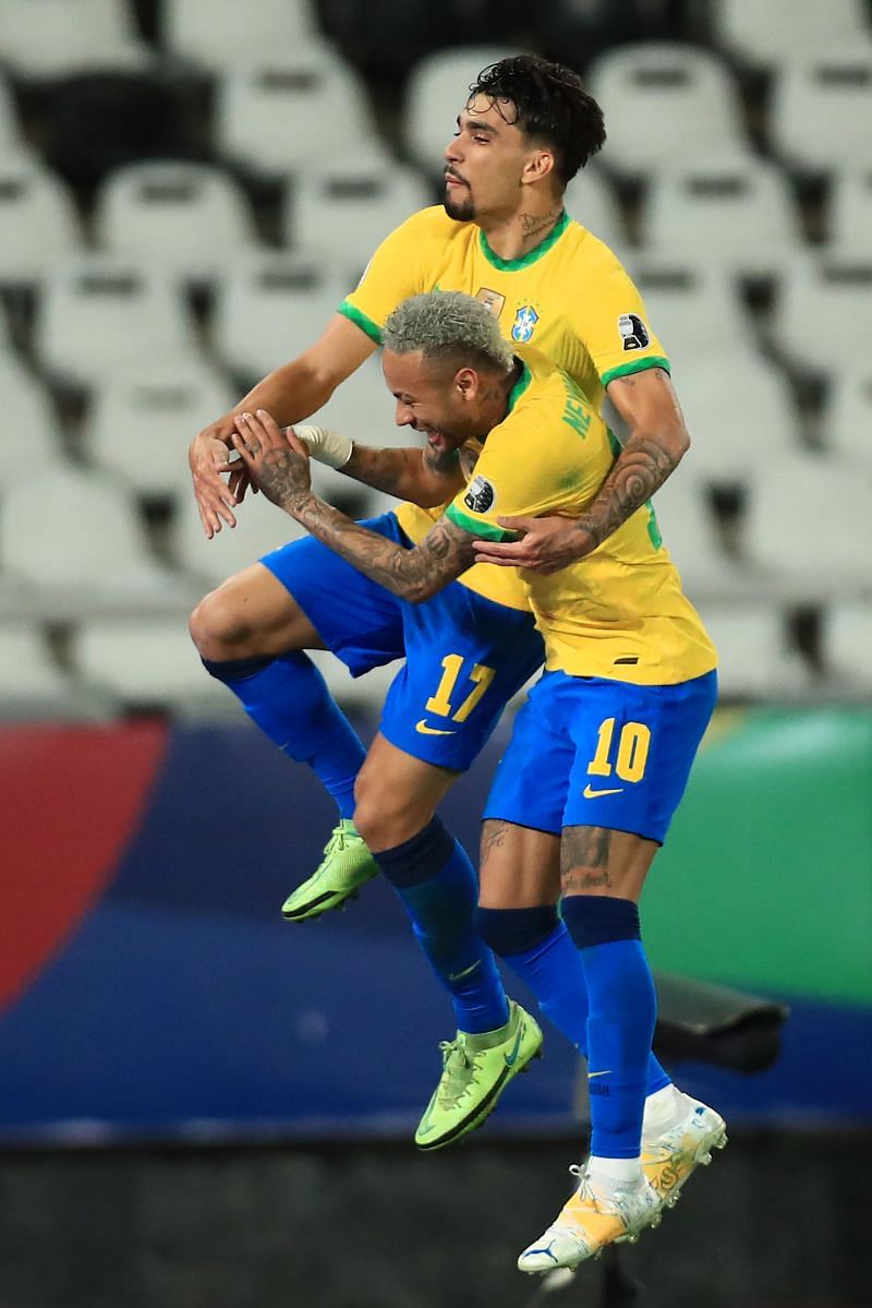 Neymar and Lucas Paqueta celebrate Brazil&#039;s goal against Peru