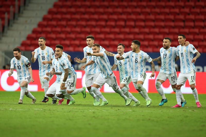 Argentina players exult after reaching the Copa America 2021 final