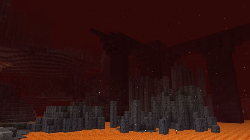 A Nether fortress in the basalt delta biome of Minecraft (Image via u/TheArcCanidae on Reddit)