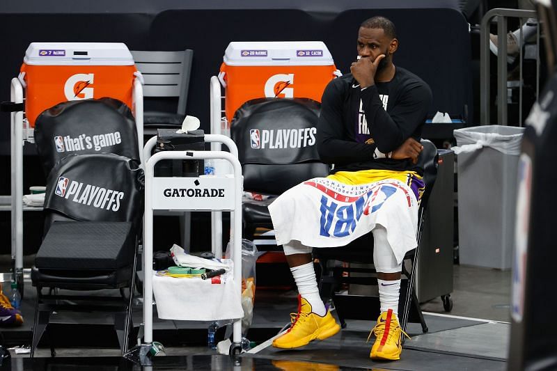 Los Angeles Lakers&#039; LeBron James looks on during a game.