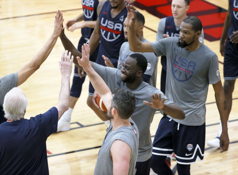 (L-R) Head coach Gregg Popovich, Kevin Love (#11), Draymond Green (#14), Damian Lillard (#6) and Kevin Durant (#7) of the 2021 USA Basketball men&#039;s national team.