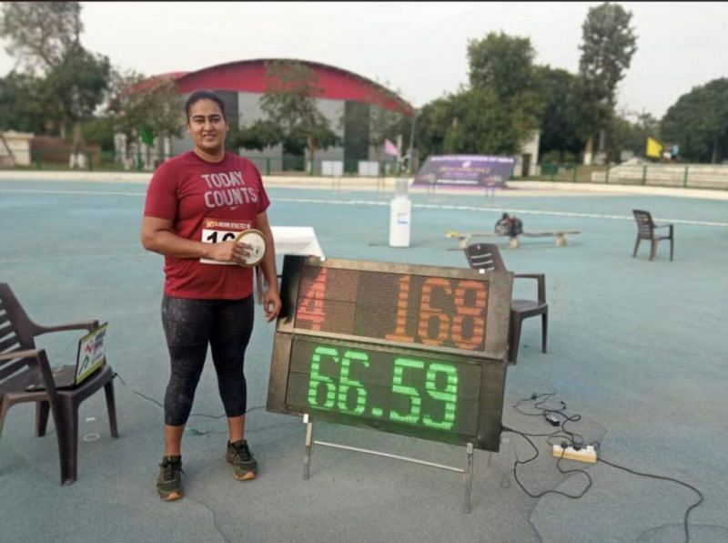 Kamalpreet Kaur after breaking the national record in June 2021