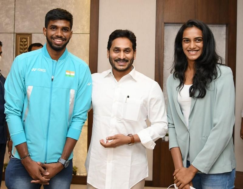 PV Sindhu (right) and Satwiksairaj Rankireddy (left) with AP chief minister YS Jagan Mohan Reddy