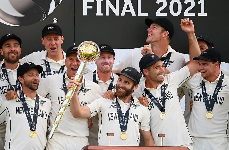 New Zealand players celebrate after winning the ICC World Test Championship final on reserve day