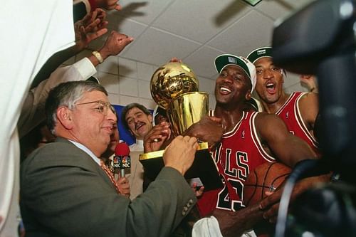 Former NBA commissioner David Stern and Michael Jordan [Andrew D. Bernstein / NBAE via Getty Images]