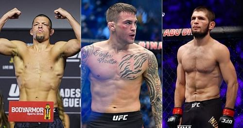 Nate Diaz (left), Dustin Poirier (center), and Khabib Nurmagomedov (right)