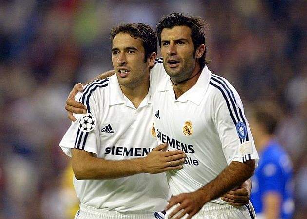 Luis Figo (right) and Raul in Real Madrid colours.
