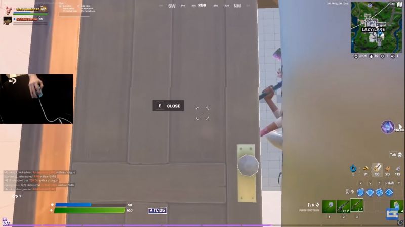 Bugha hides behind a door at Lazy Lake (Image via Bugha Fortnite)