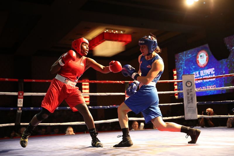 Rashida Ellis (red) in action in the 2020 US Olympic Boxing Trials (Photo by Chris Graythen/Getty Images)