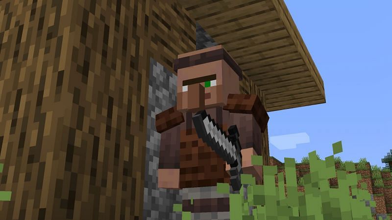 A villager with an iron sword and leather armor (Image via curseforge)